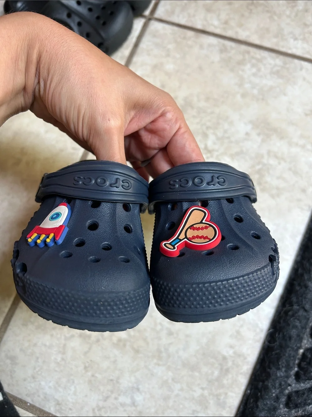 CROCS Kids Black and Navy Classic Clogs with Jibbitz